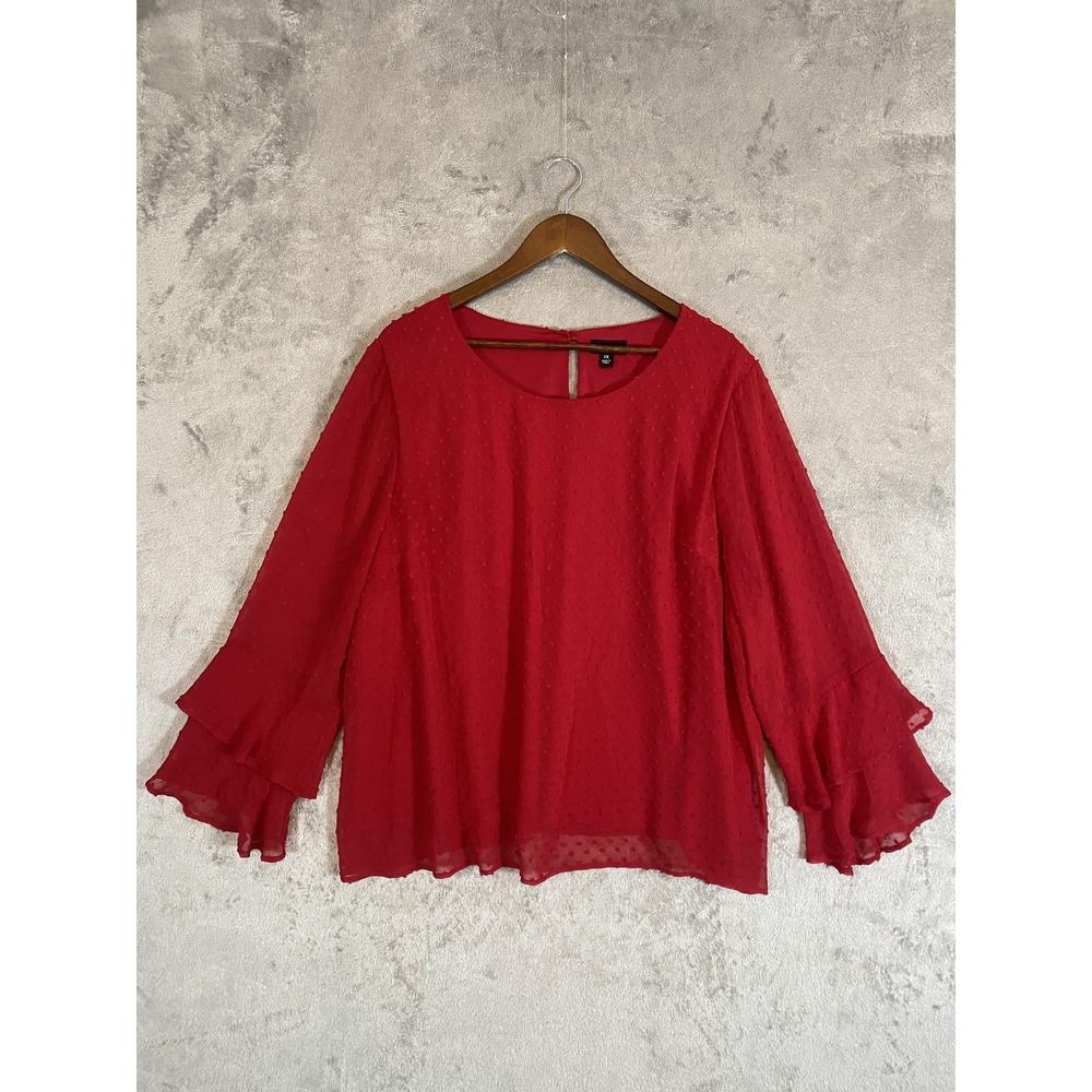 Tacera Blouse Womens 3X Red Swiss Dot Sheer Lined Ruffle Bell Sleeve Boho Career